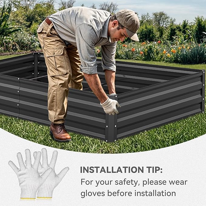 YITAHOME 96x48x12 in 2pcs Galvanized Raised Garden Bed Kit, Large Metal Planter Box with Gloves, Safety Rubber & Support Rod, Outdoor Flower Bed for Plants Vegetables, Black