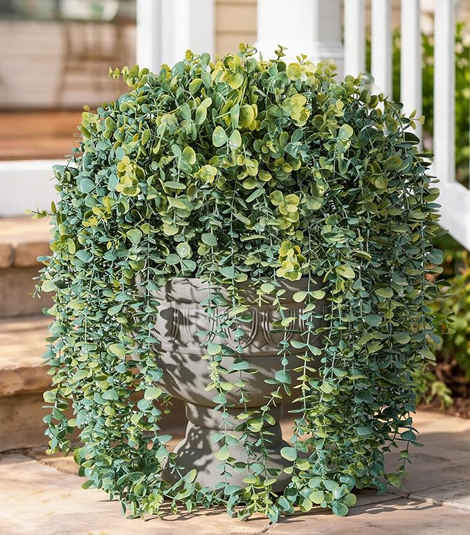Faux Outdoor Plants Fake Hanging Plants for Outdoors Outside Decorations, 2 Pcs White Faux Eucalyptus Vines Realistic UV Resistant Artificial Greenery for Planters Porch Garden Yard Front Door Patio