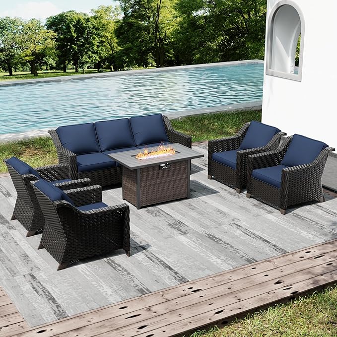 Joyside Wicker Patio Furniture Sets, 6 Pieces Upgraded Large Size Outdoor Furniture with 4 Swivel Rocking Patio Chairs, 3-Seat Sofa, Fire Table,Thick Cushions, Wide Armrest, Blue