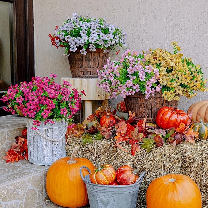 Artificial Flowers for Outdoors Fake Plants - 16 Bundles Faux Outside Greenery Boxwood No Fade Plastic Shrubs Fall Decor Farmhouse Home Garden Thanksgiving Mums (Pink)