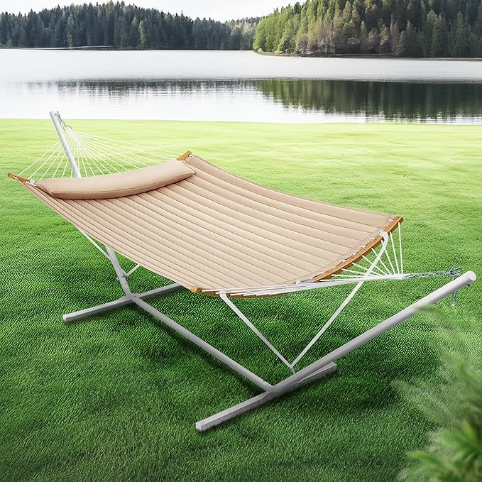 SUPERJARE Hammock with Stand, 2 Person Heavy Duty Hammock with Padded Cotton, Detachable Pillow & Strong Curved-Bar & Portable Carrying Bag, Perfect for Outdoor & Indoor, Beige