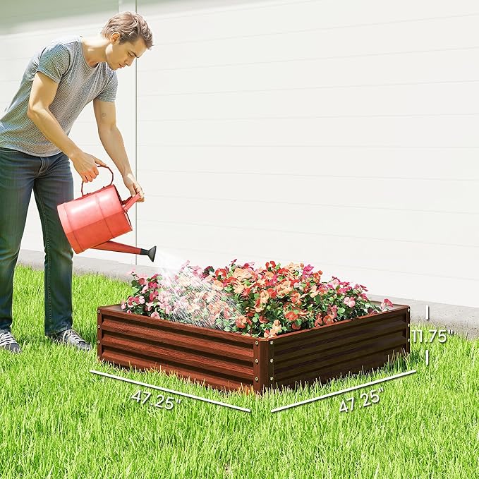 Outsunny Galvanized Raised Garden Bed, 4' x 4' x 1' Metal Planter Box, for Growing Vegetables, Flowers, Herbs, Succulents, Natural Wood