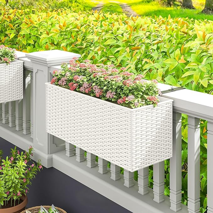 Outsunny Railing Planter Box (2 Pack, 20 Inch), Hanging Flower Pots with Hooks, Drainage Holes for Fence, Balcony, Garden, Patio, Rattan Look, White