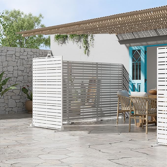 Casaphoria 72" H x 47" W Metal Privacy Screen, Outdoor Freestanding Decorative Divider for Patio, Deck, Balcony, and Garden with Stable Base, White-Adams