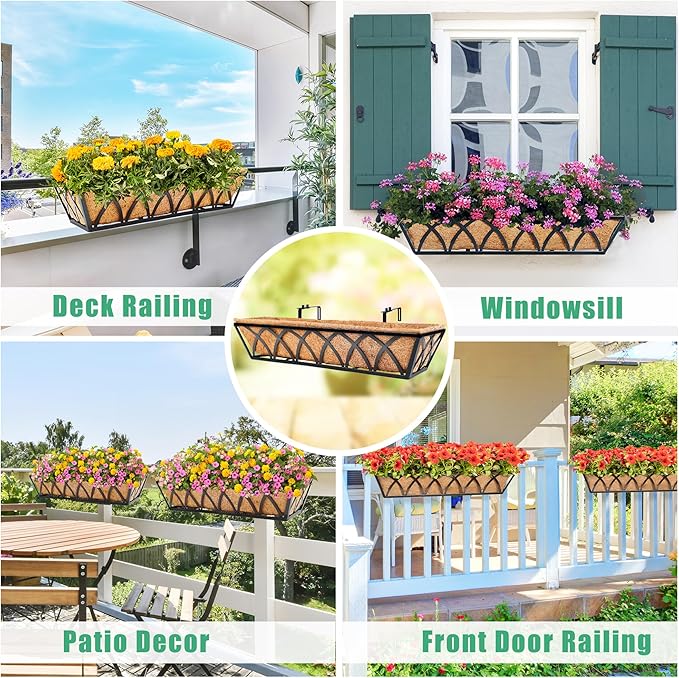 24in 4pcs Planter Box with Coco Liner, Rust-Resistant Metal Frame, Drainage Hole, Indoor/Outdoor Use, Black Finish