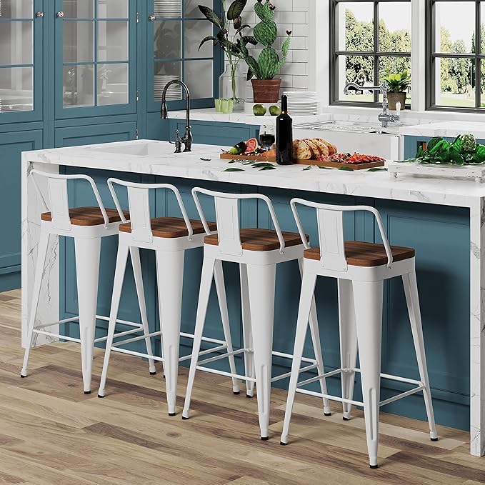 WENTMENT Bar Stools Set of 4 Counter Height Bar Stools Metal Barstools with Removable Back 26" Kitchen Bar Stools with Wooden Seat, Off White