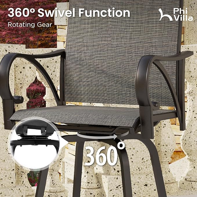 PHI VILLA Outdoor Swivel Bar Stools Set of 4, High Top Patio Bar Stools & Chairs with Armrest & Textilene Fabric for Outside, Grey