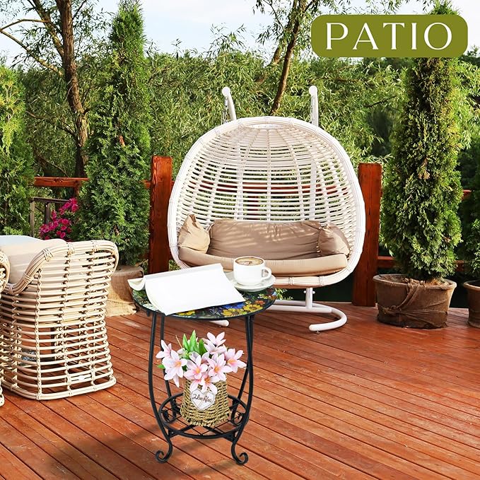 Outdoor Side Table Round Small Mosaic Patio Accent Indoor End Plant Coffee Tea Table for Yard Patio Porch Garden Living Room, Bedroom(Flower Style,14 Inch)