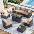 Aoxun 8 Piece Patio Furniture Set with 44” Fire Pit Table Wicker Rattan Patio Sectional Sofa Set Outdoor Seating Furniture with Thickened Cushion, Beige