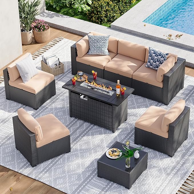 Aoxun 8 Piece Patio Furniture Set with 44” Fire Pit Table Wicker Rattan Patio Sectional Sofa Set Outdoor Seating Furniture with Thickened Cushion, Beige