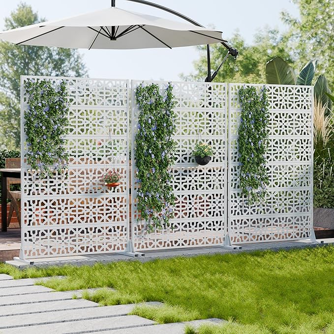 Casaphoria Metal Privacy Screen Outdoor, 72" H x 47" W Freestanding Decorative Privacy Screen for Patio Deck Balcony Garden with Stable Base, White-Perilla