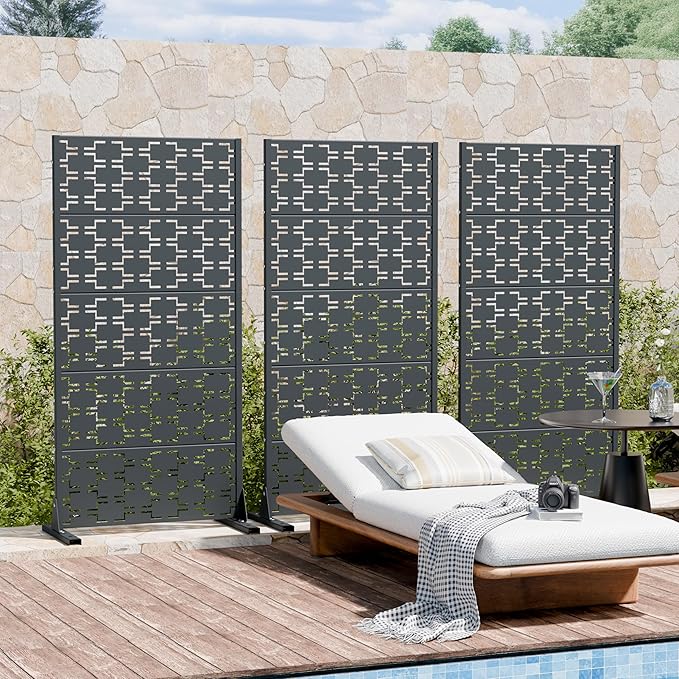 Casaphoria Metal Privacy Screen Outdoor, 60" x 30" W Freestanding Decorative Privacy Screen for Patio Deck Balcony Garden with Stable Base, Drakgrey-Brick
