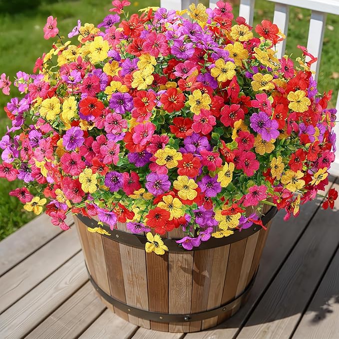 Alupssuc 48 Bundles Artificial Flowers for Outdoors Decoration, UV Resistant Silk Faux Daisy Flora Spring Fake Plastic Plants Greenery for Outside Indoor Yard Home Porch Window Box Decor, Mix 4 Colors