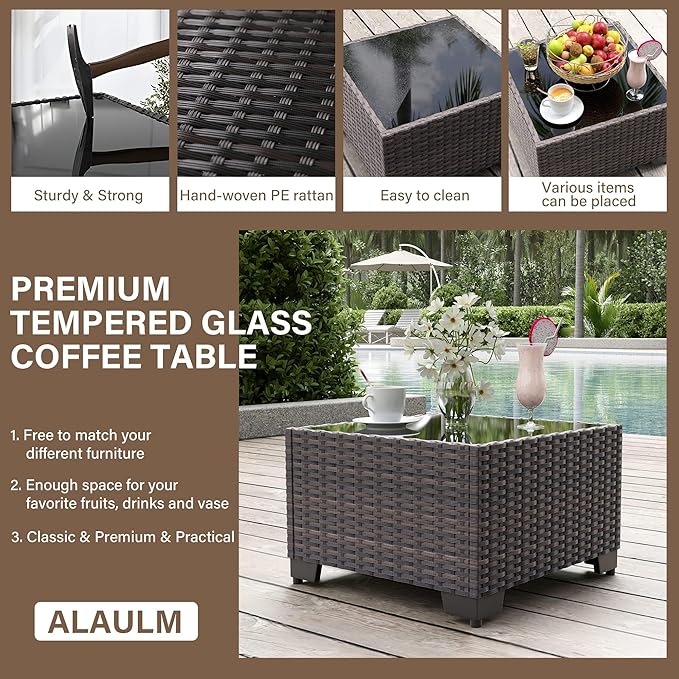 ALAULM 12 Pieces Outdoor Patio Furniture Set Sectional Sofa Sets Brown PE Rattan Patio Conversation Set w/10 Grey Seat Cushions and 2 Coffee Tables