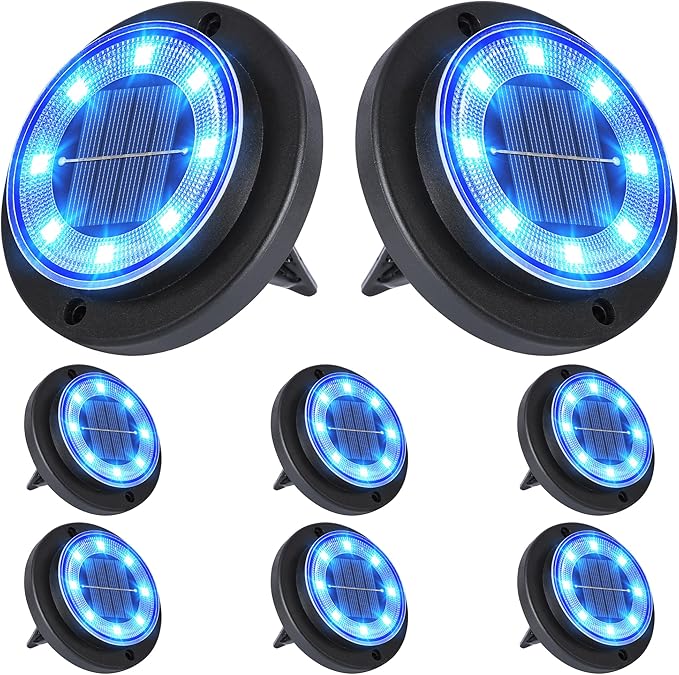 Flacchi Solar Lights Outdoor - Solar Powered Ground Lights Outdoor Solar Disk Light Waterproof Landscape Light for Patio Yard Pathway Walkway Driveway (Blue, 8 Pack)