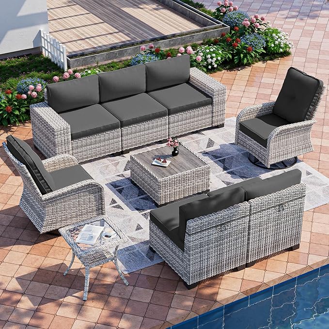 9-Piece Outdoor Patio Furniture Set with Rocking Swivel Chair Wicker Sectional Sofa Set, Patio Conversation Set with Thickened Cushions & Coffee Table for Garden, Backyard, Dark Grey