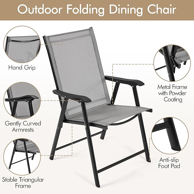 Yaheetech Patio Dining Chairs Set of 4 with Armrests, Outdoor Folding Chairs with Metal Frame and Backrest for Lawn, Garden, Yard and Poolside, Gray