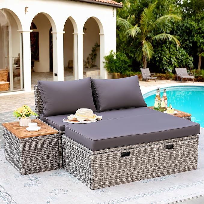 Flamaker Outdoor Rattan Lounge Chair with 2 Side Tables, Multifunctional Outdoor Patio Daybed with Footrest, Cushions, Storage Ottoman,Chaise Lounge Chair for Backyard Porch Poolside(Grey)