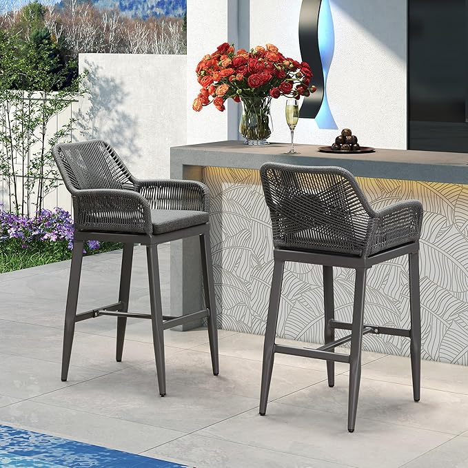 PURPLE LEAF Outdoor 29" Bar Stools Set of 2, Boho Patio Bar Height Chair with Cushion and Back for Outdoor and Indoor, Garden, Patio, Grey