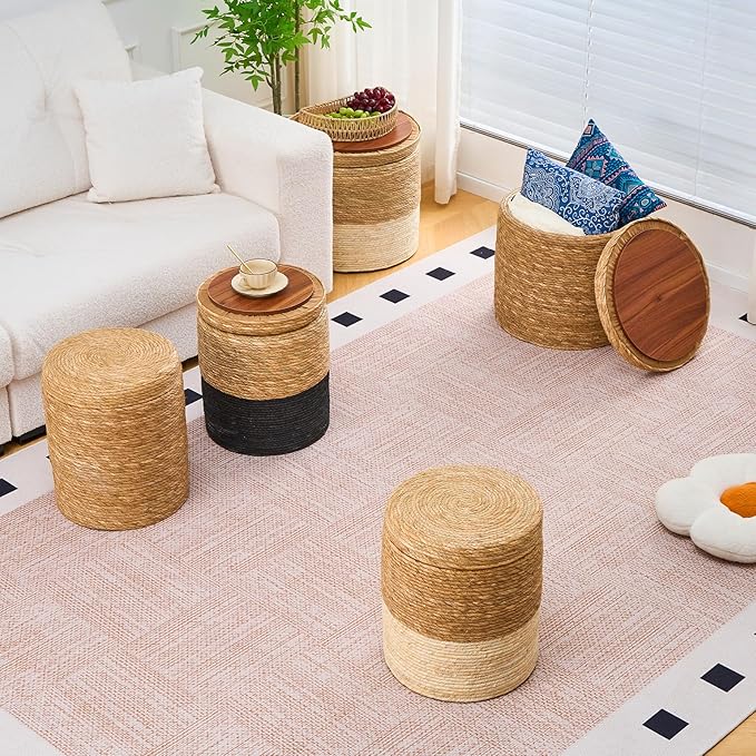 Wimarsbon Round Pouf Ottomans, Handwoven Natural Water Hyacinth Seagrass Pouffe,Outdoor Rattan Stool Accent Seat, Bohemian Coastal Home Decor (Storage -14inch Natural Cattail & Black Corn Shell)