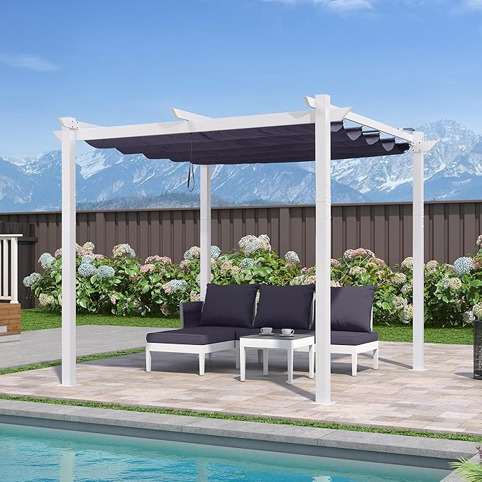 PURPLE LEAF 10' x 10' Outdoor Aluminum Pergola White Heavy-Duty Retractable Patio Metal Pergola with Double Sun Shade Canopy for Backyard Gardens Deck, Navy Blue