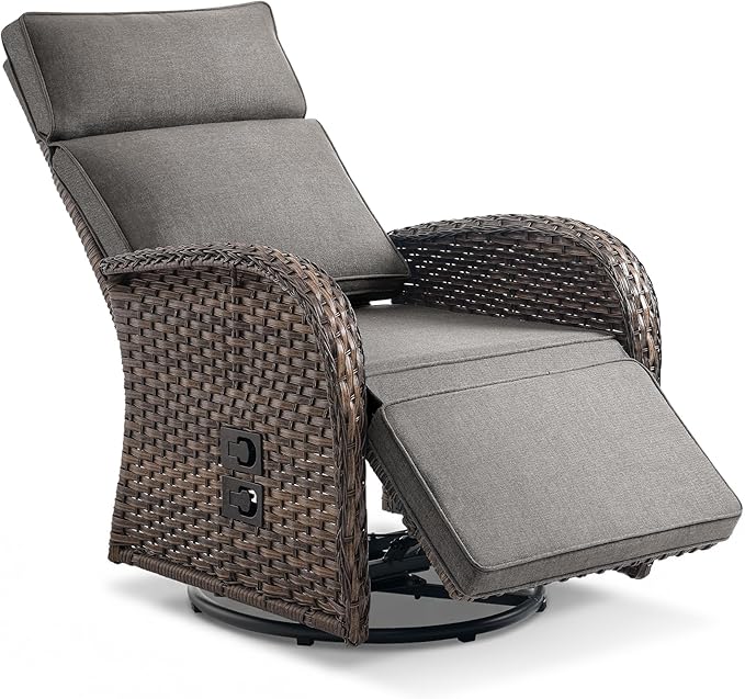 Zero Gravity Patio Swivel Rocking Recliner Chair - Wicker Outdoor Lounge Chair with Adjustable Backrest & Footrest, All Weather Reclining Rocker Chairs with Thick Cushion for Pool Deck Gray