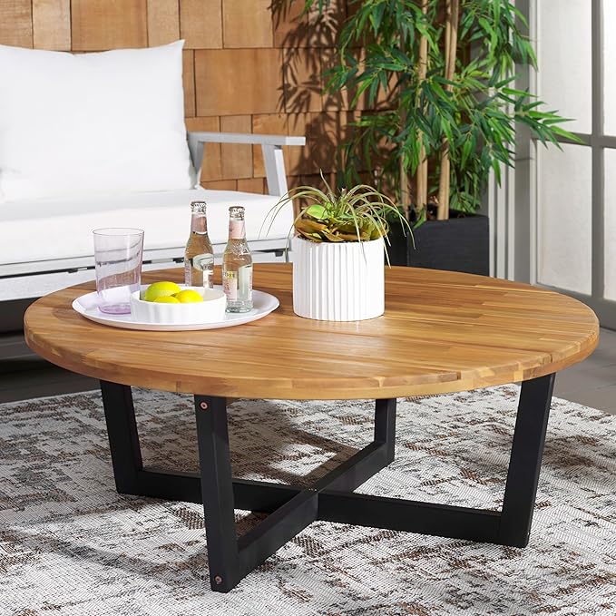 SAFAVIEH Outdoor Collection Leo Natural/Black 4-Leg Round Coffee Table, Ideal for Deck, Patio, Backyard, Sunroom