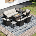 Joyside Wicker Patio Furniture Sets, 8 Pieces Upgraded Large Size Outdoor Furniture with 4 Swivel Rocking Patio Chairs, 3-Seat Sofa, Fire Table, Coffee Table, Thick Cushions, Wide Armrest, Beige
