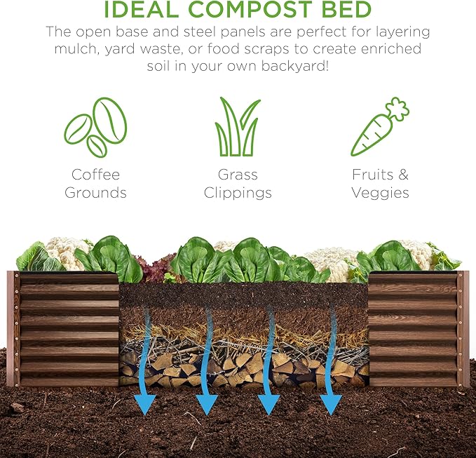 Best Choice Products 8x4x2ft Outdoor Metal Raised Garden Bed, Deep Root Planter Box for Vegetables, Herbs & Flowers, 478-Gallon Capacity, 100% Non Toxic Materials - Dark Brown Wood Grain