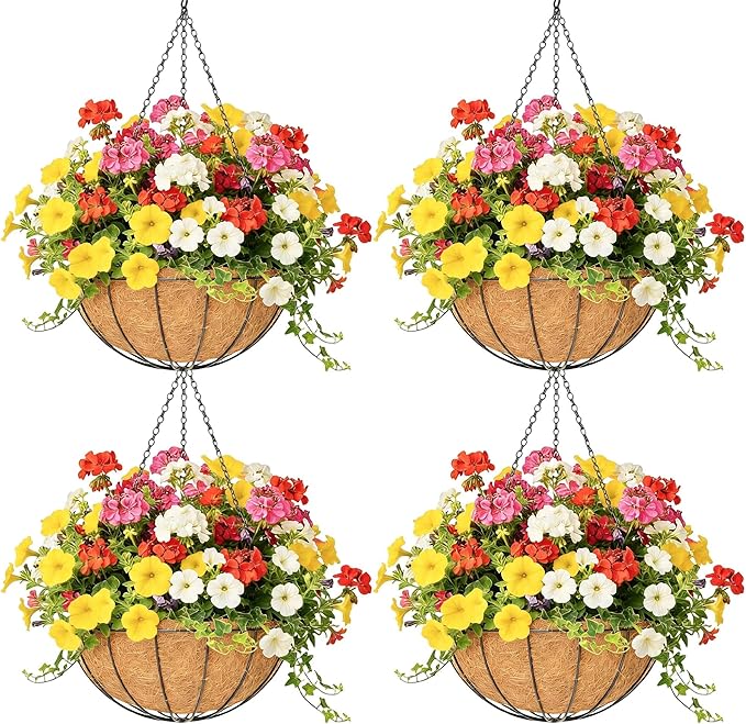 4 Pack 12 Inch Hanging Baskets for Plants Outdoor Metal Hanging Planter Hanging Flower Baskets with Coco Fiber Liners Chain Round Wire Plant Holder Hangings Flower Pots(Watermelon)