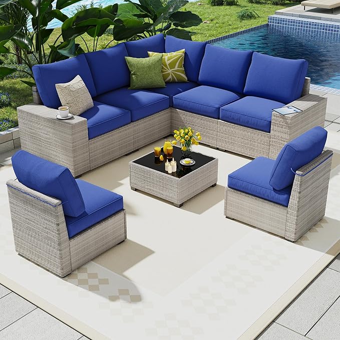 8 Piece Outdoor Patio Furniture Set, Outdoor Sectional Furniture, Rattan & Wicker Modern Modular Conversation Set Sofa Couch W/Water Resistant Washable Thick Cushions and Coffee Table, Blue
