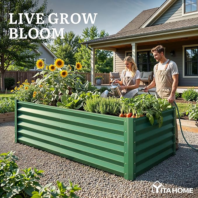 YITAHOME 6x3x3ft Large Raised Garden Bed Kit, Galvanized Metal Planter Box with Gloves, Support Rod, Outdoor Above Ground Planters for Plants Vegetables Flowers, Green