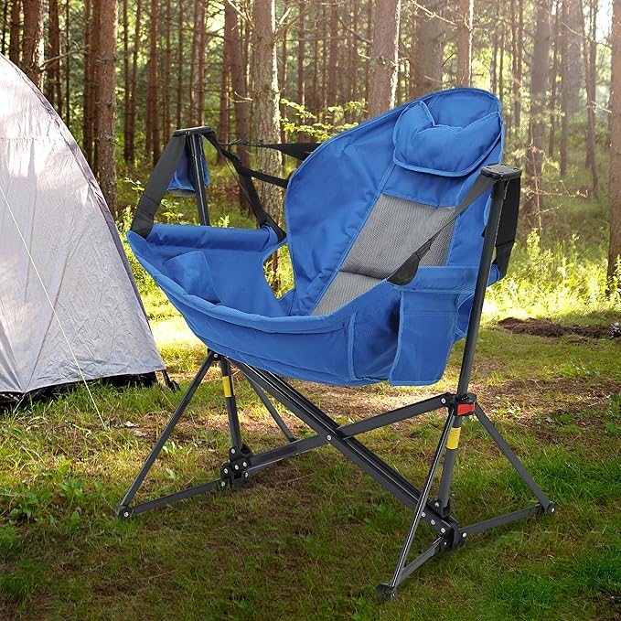 Ainfox Hammock Camping Chair, Foldable Portable Rocking Chairs for Adults Outside Swinging Camp with Cup Holder Pillow for Outdoor Patio Poolside (Blue)