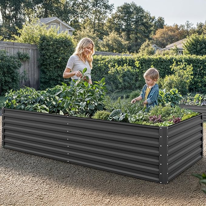 YITAHOME 8x4x2 ft 2pcs Galvanized Raised Garden Bed Kit, Large Metal Planter Box with Gloves, Safety Rubber & Support Rod, Outdoor Flower Bed for Plants Vegetables, Black