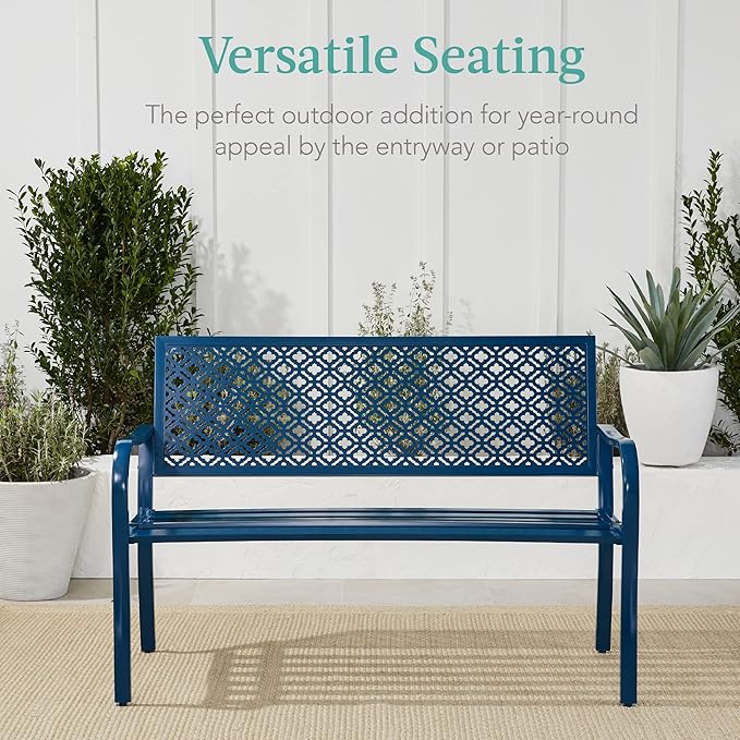Best Choice Products Outdoor Bench 2-Person Metal Steel Benches Furniture for Garden, Patio, Porch, Entryway w/Geometric Backrest, 790lb Capacity - Peacock Blue