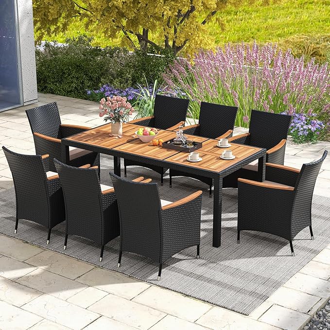 Tangkula 9 Pieces Rattan Outdoor Dining Set for 8, Outdoor Acacia Wood Table Set with 8 Cushioned Wicker Chairs, Umbrella Hole, Patio Dining Furniture Set for Deck Pool Backyard