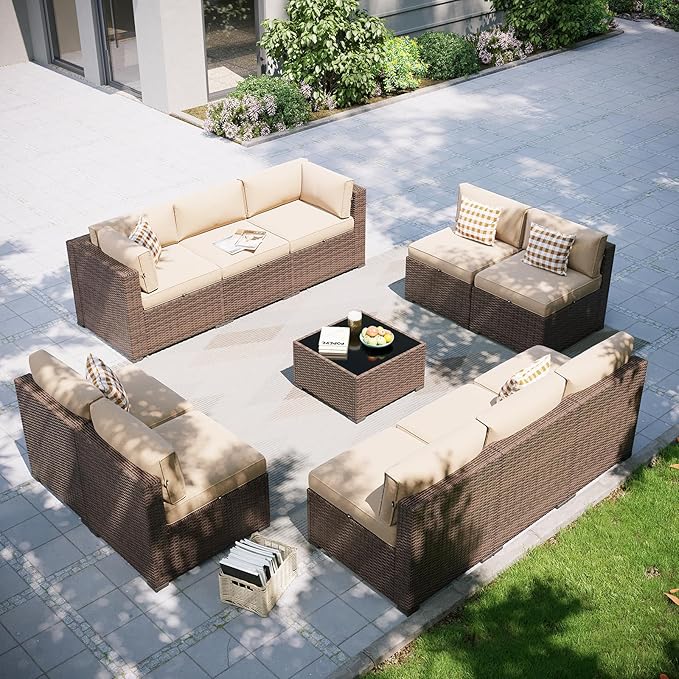Aoxun Patio Furniture Set, 11 Piece Outdoor Sectional Sofas with Waterprool Cover, 10 Seats Wicker Rattan Outdoor Furniture Patio Conversation Set for Backyard, Garden (Brown Rattan Begin Cushions)