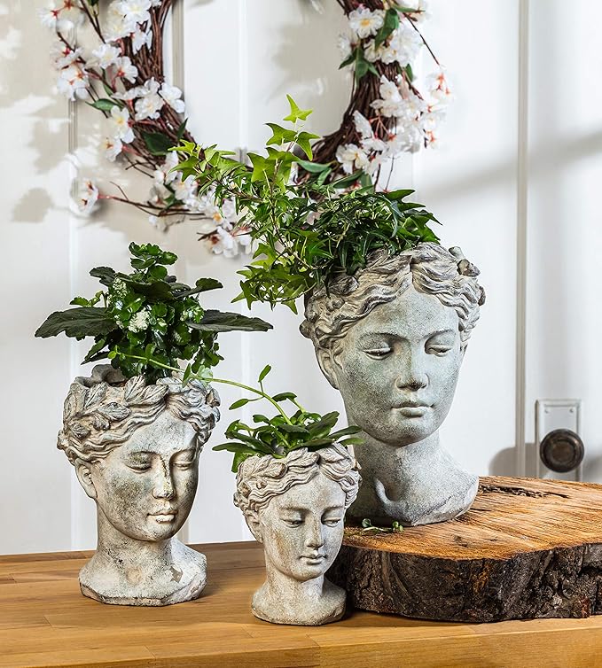 Abbott Collection Goddess Head Planter – Extra Small Cement Indoor and Outdoor Planter Pot – Grecian Woman Statue Head Planter for Flowers and Succulents (Grey, 6.5" Tall, 2.75" Opening)