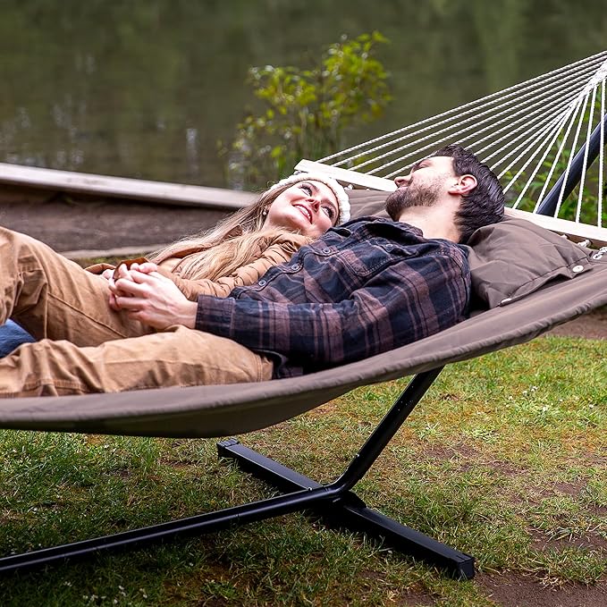 SUNCREAT 55 Inch Extra Large Double Hammock with 12 ft Stand, 475lbs Capacity, Outdoor Portable Hammock with Hardwood Spreader Bar, Extra Large Pillow, Brown