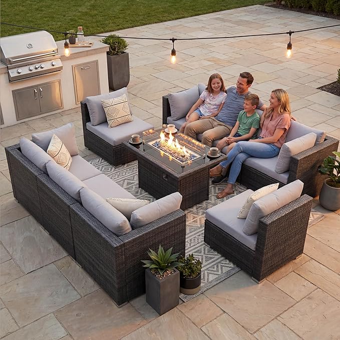 NICESOUL 9 Piece Outdoor Patio Furniture Set with Fire Pit Table Dual Natural Gas & Propane, 29.3'' High Back Extra Large Comfy Wicker Conversations, Deep Wide Modular Couches for Garden, Light Grey
