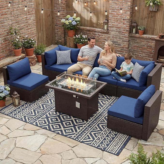 NICESOUL 7 Piece Large Size Patio Sectional Furniture Set with Firepit Propane/Natural Gas, 29.3'' High Back Outdoor Sofa Conversation Couch, Tall Wide Deep Sitting, Brown Rattan and Navy Cushion