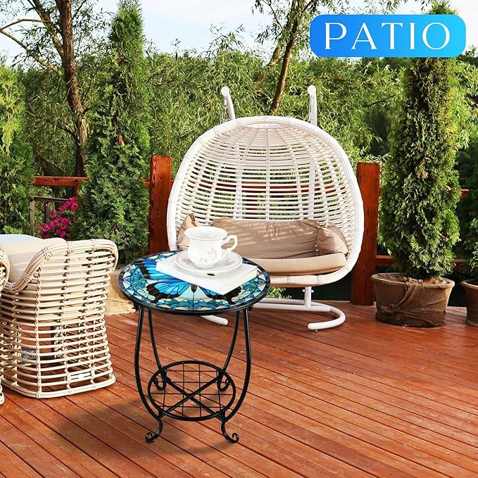 Outdoor Side Table Round Small Mosaic Patio Accent Indoor End Plant Coffee Tea Table for Yard Patio Porch Garden Living Room, Bedroom