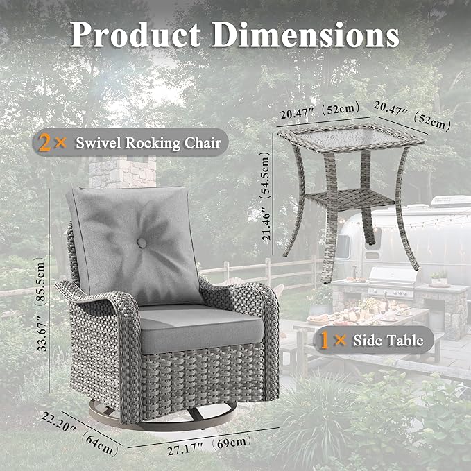 2-Seat Modern Patio Furniture Set with Swivel Rocking Chairs, Thick 4″ Cushions, Dual-Strand Wicker Rattan, Rust-Resistant Steel Frame – Outdoor Conversation & Modular Sectional,Gray