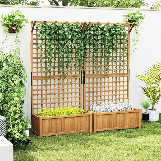 Outsunny Wood Planter with Trellis, Raised Garden Bed for Climbing Plants with Drainage Holes and Roof, 35.5 x 17.75 x 72 Inch, Pack of 2, Yellow