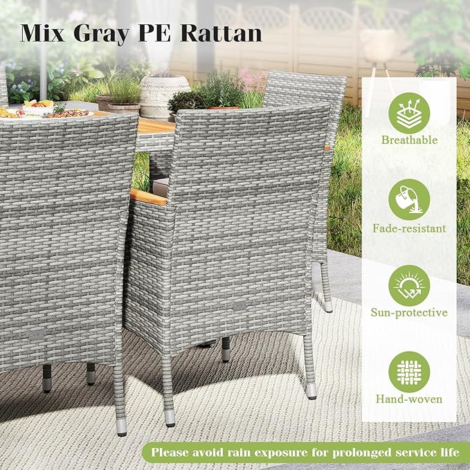 Tangkula 9 Pieces Patio PE Wicker Dining Set, Outdoor Acacia Wood Table and Chairs for 8 with Cushions and 2" Umbrella Hole, Outdoor Dining Furniture Set for Deck, Garden and Yard (Mix Grey+White)