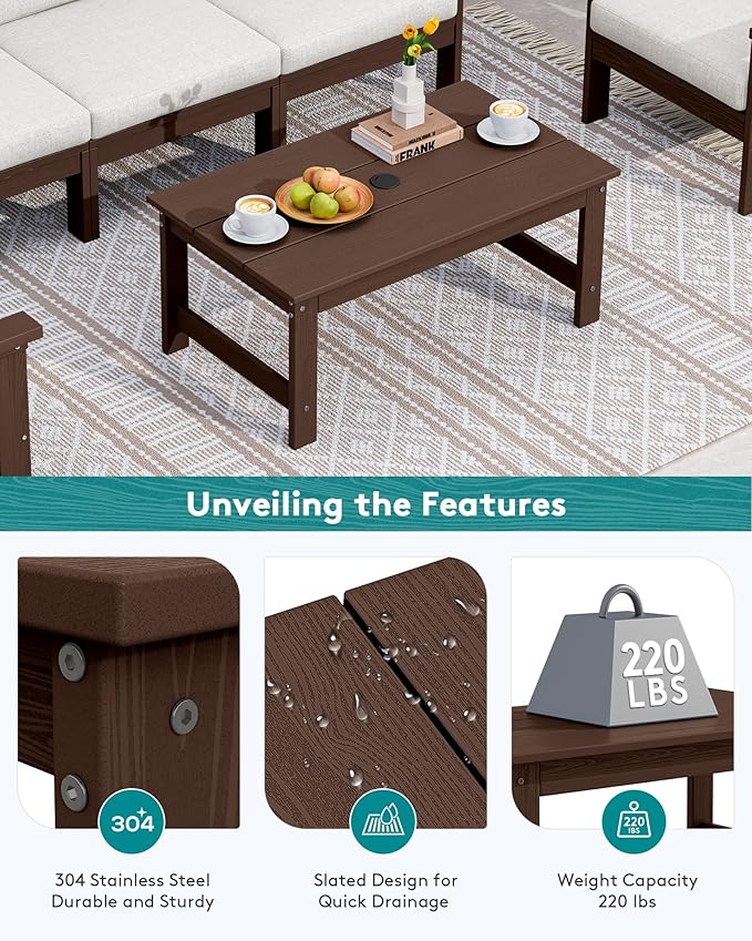 SERWALL HDPE Patio Coffee Table, Rectangle Outdoor Coffee Table, All-Weather Coffee Side Table for Balcony, Poolside, Deck, Garden, Coffee Brown