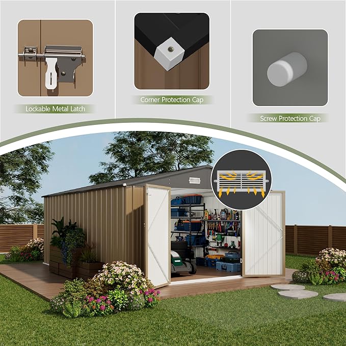 Devoko 10x14 FT Outdoor Storage Shed, Large Metal Storage Sheds with Lockable Door, Utility Garden Tool Shed with Sloping Roof, Outside Steel Storage Sheds for Patio Lawn Backyard, Brown