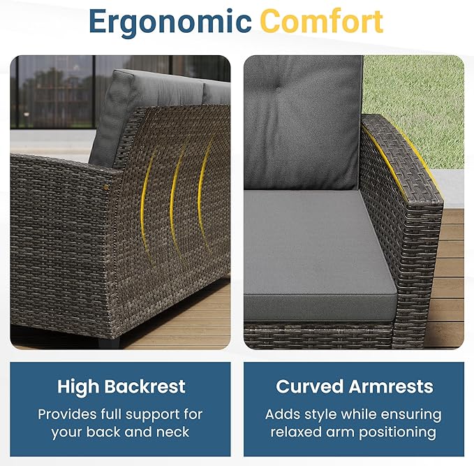 Wisteria Lane 4 Piece Patio Furniture Set, Wicker Outdoor Patio Conversation Furniture Set, All Weather Outdoor Patio Sofa with Cushion and Wood Table, Grey Wood