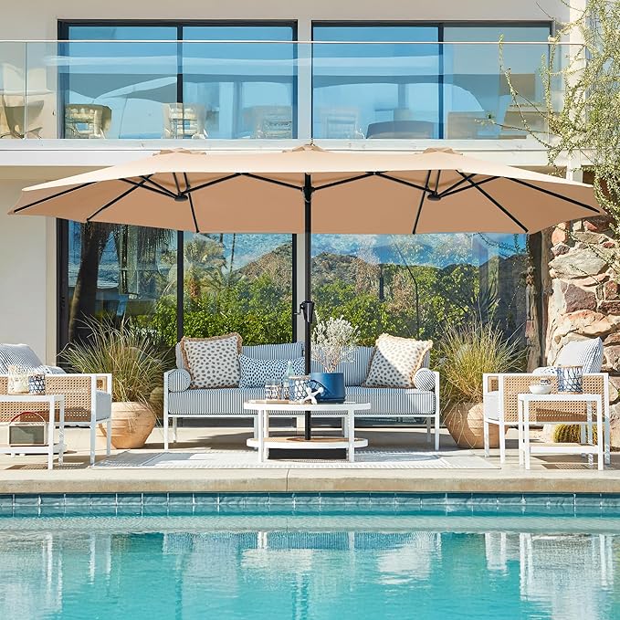 SUPERJARE 15FT Outdoor Umbrella for Patio, Double sided Pool Umbrellas with Fade Resistant Canopy, Large Table Umbrella for Deck, Market, Backyard - Beige