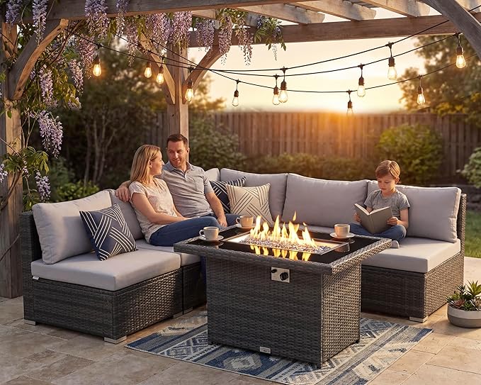 Nicesoul 6 Piece L Shaped Outdoor Patio Set with Firepit Table Natural Gas & Propane Convertible, 29.3'' High-Back Rattan Sectional Sofa, All Weather Deep Seats XL Large Conversation for Outside, Grey